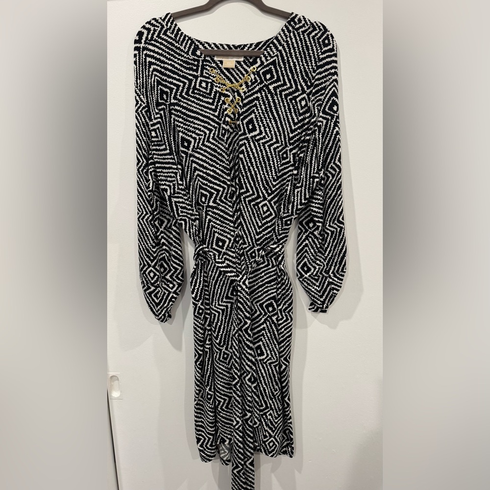 Michael Kors Black and White Patterned Long Sleeve Dress